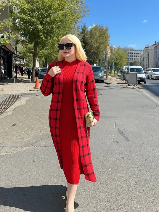 Triko Hırka elbise ikili takım kırmızı