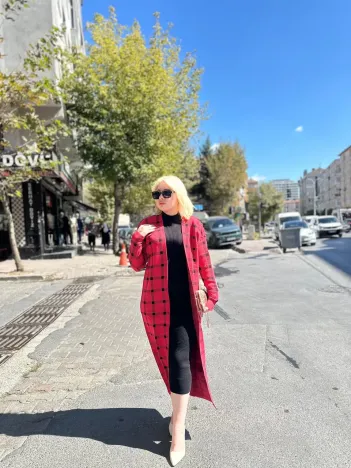 Triko Hırka Elbise İkili Takım Kırmızısiyah Triko Hırka Elbise İkili Takım Kırmızısiyah