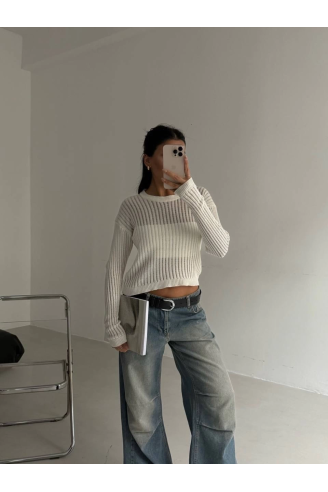 Triko transparent bluz beyaz