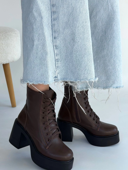 Tsan Kahverengi Cilt Bağcıklı Topuklu Bot