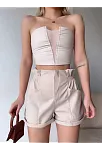 Tüllü Deri Crop Bej W24615