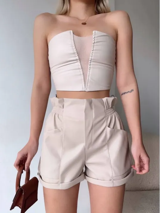 Tüllü Deri Crop Bej W24615