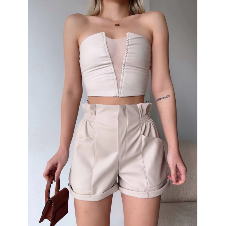 Tüllü deri crop bej w24615 Tüllü deri crop bej w24615