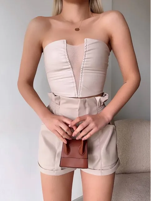Tüllü Deri Crop Bej W24615