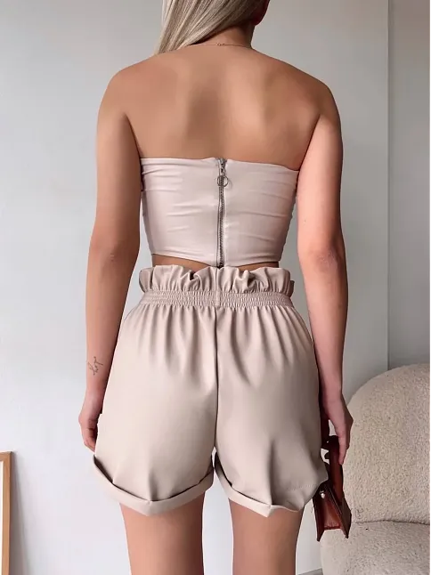 Tüllü Deri Crop Bej W24615