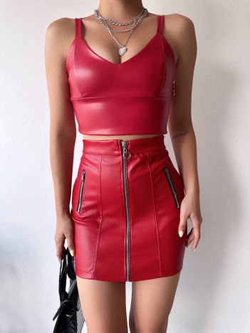 Üç fermuarlı deri etek bordo s24510 Üç fermuarlı deri etek bordo s24510