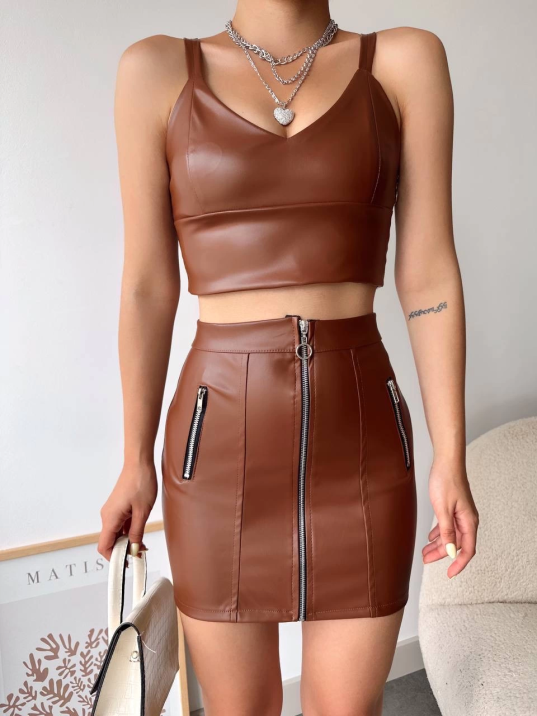 Üç fermuarlı deri etek kahve s24510 Üç fermuarlı deri etek kahve s24510