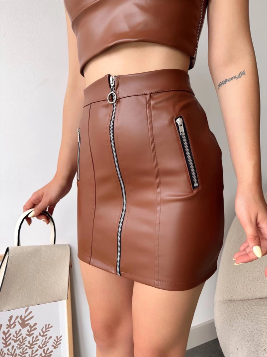 Üç fermuarlı deri etek kahve s24510 Üç fermuarlı deri etek kahve s24510