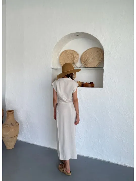 Uzun Etekli Bluz Takım Keten Krem S255852