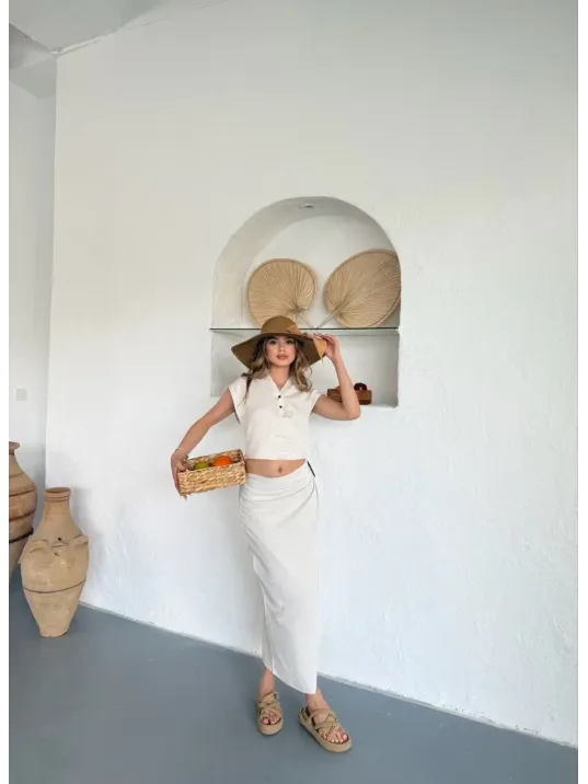 Uzun Etekli Bluz Takım Keten Krem S255852