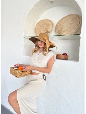 Uzun Etekli Bluz Takım Keten Krem S255852