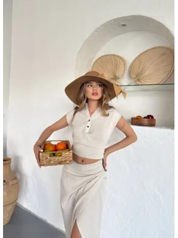 Uzun Etekli Bluz Takım Keten Krem S255852