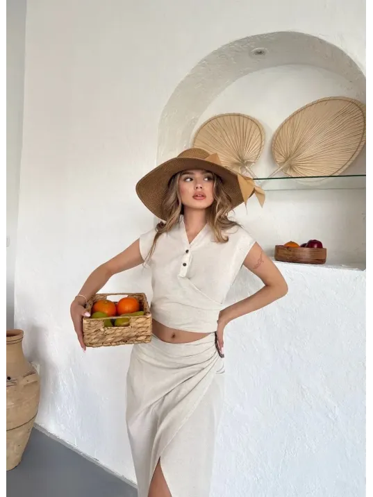 Uzun Etekli Bluz Takım Keten Krem S255852
