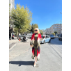 Uzun hırka içi elbise ikili triko takım ekose baklava desen haki kırmızı