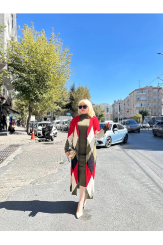 Uzun hırka içi elbise ikili triko takım ekose baklava desen haki kırmızı