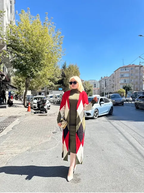 Uzun Hırka İçi Elbise İkili Triko Takım Ekose Baklava Desen Haki Kırmızı