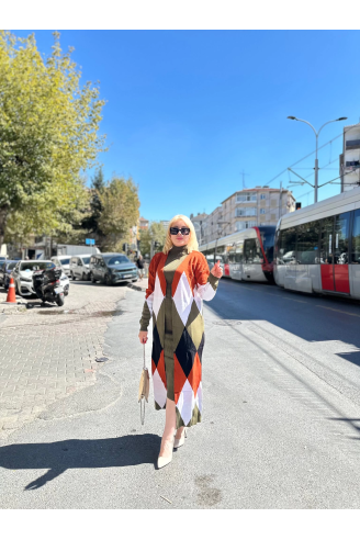 Uzun hırka içi elbise ikili triko takım ekose baklava desen haki kırmızı