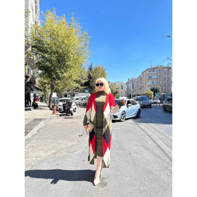 Uzun hırka içi elbise ikili triko takım ekose baklava desen haki kırmızı