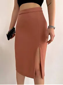 Uzun Midi Boy Yırtmaçlı Etek Somon S24907