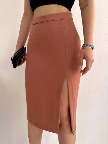 Uzun midi boy yırtmaçlı etek somon s24907 Uzun midi boy yırtmaçlı etek somon s24907