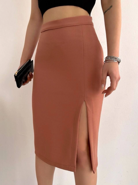 Uzun midi boy yırtmaçlı etek somon s24907 Uzun midi boy yırtmaçlı etek somon s24907