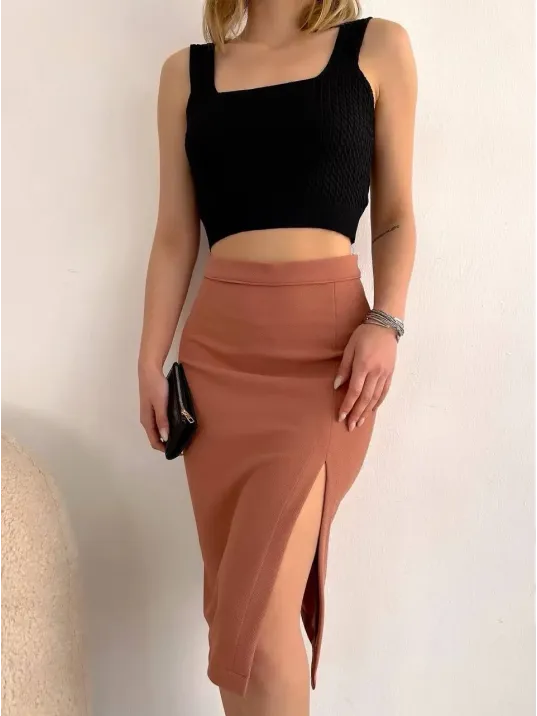 Uzun Midi Boy Yırtmaçlı Etek Somon S24907