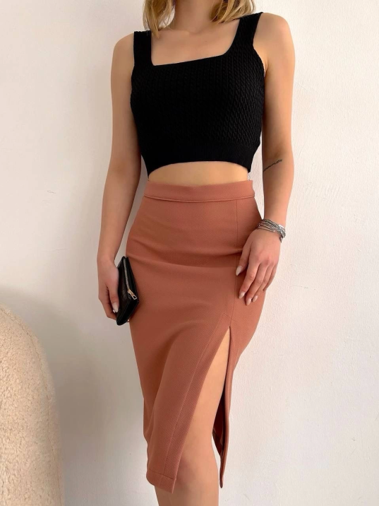 Uzun midi boy yırtmaçlı etek somon s24907 Uzun midi boy yırtmaçlı etek somon s24907