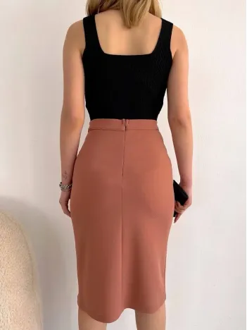 Uzun Midi Boy Yırtmaçlı Etek Somon S24907