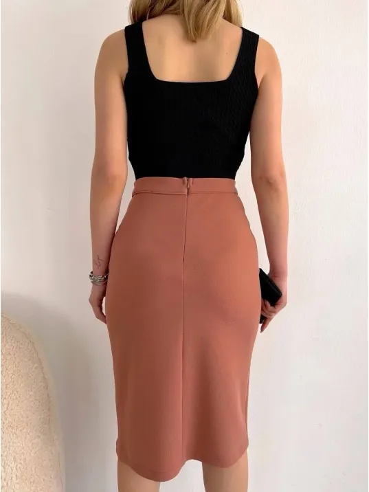 Uzun Midi Boy Yırtmaçlı Etek Somon S24907