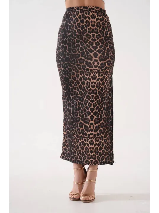 Uzun Yırtmaçlı İnce Kumaş Etek Leopar