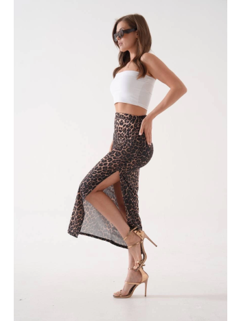 Uzun yırtmaçlı ince kumaş etek leopar Uzun yırtmaçlı ince kumaş etek leopar