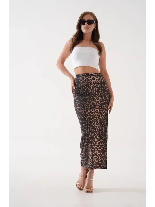 Uzun Yırtmaçlı İnce Kumaş Etek Leopar