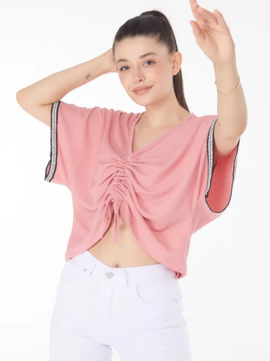 V yaka büzgülü detaylı bluz V yaka büzgülü detaylı bluz