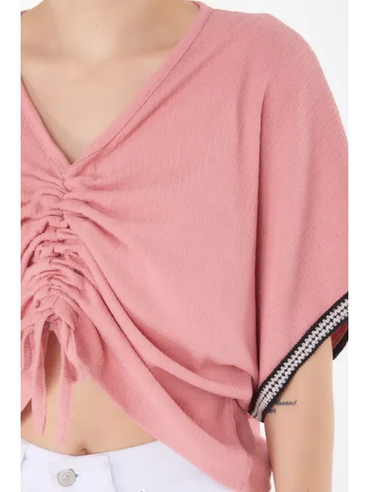 V Yaka Büzgülü Detaylı Bluz