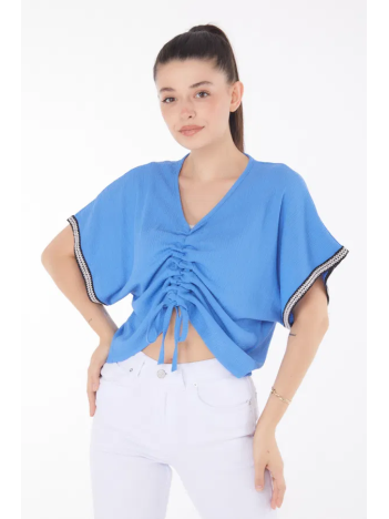 V yaka büzgülü detaylı bluz