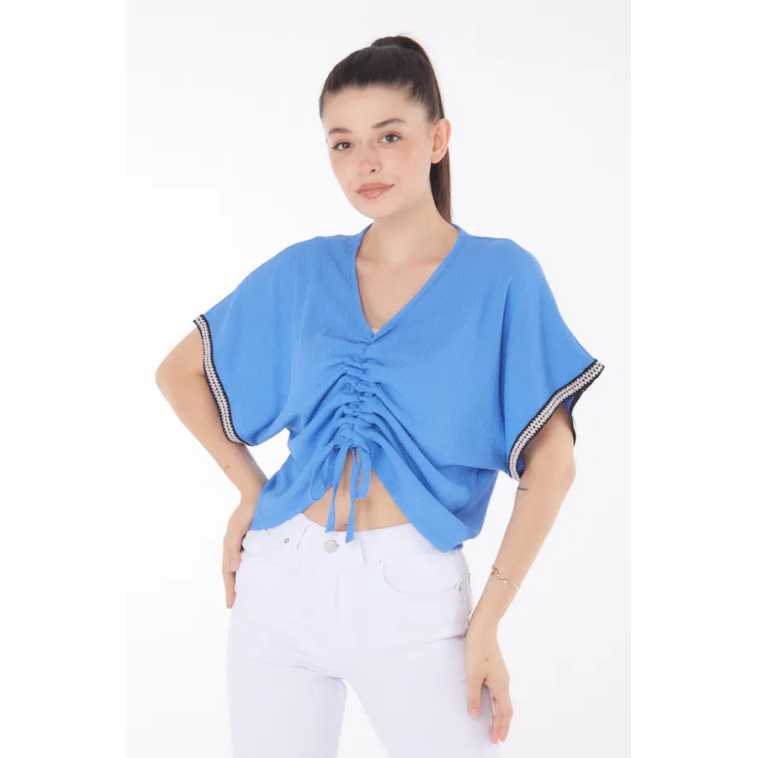V yaka büzgülü detaylı bluz V yaka büzgülü detaylı bluz