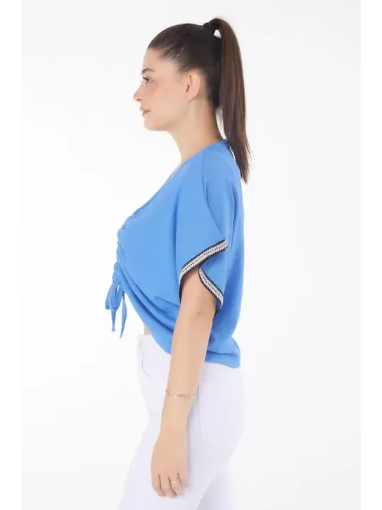 V Yaka Büzgülü Detaylı Bluz