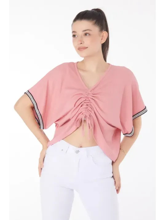 V Yaka Büzgülü Detaylı Bluz