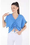 V Yaka Büzgülü Detaylı Bluz