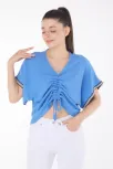 V Yaka Büzgülü Detaylı Bluz