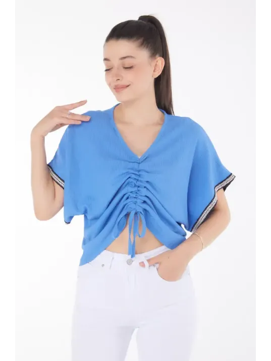 V Yaka Büzgülü Detaylı Bluz