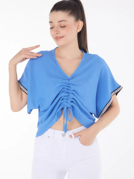 V yaka büzgülü detaylı bluz V yaka büzgülü detaylı bluz