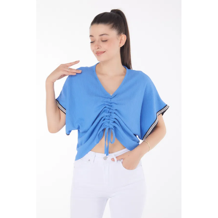 V yaka büzgülü detaylı bluz V yaka büzgülü detaylı bluz