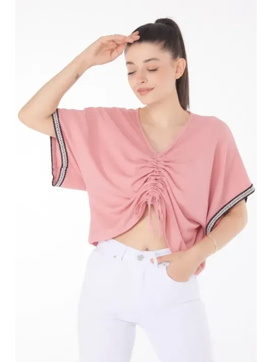 V Yaka Büzgülü Detaylı Bluz