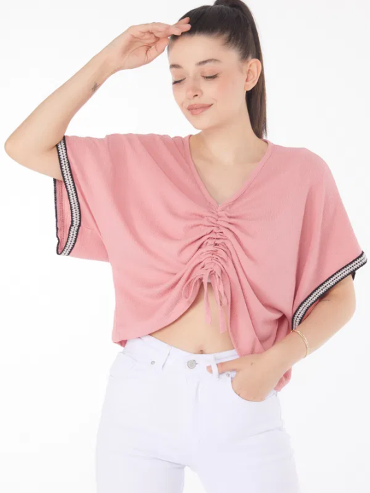 V yaka büzgülü detaylı bluz V yaka büzgülü detaylı bluz