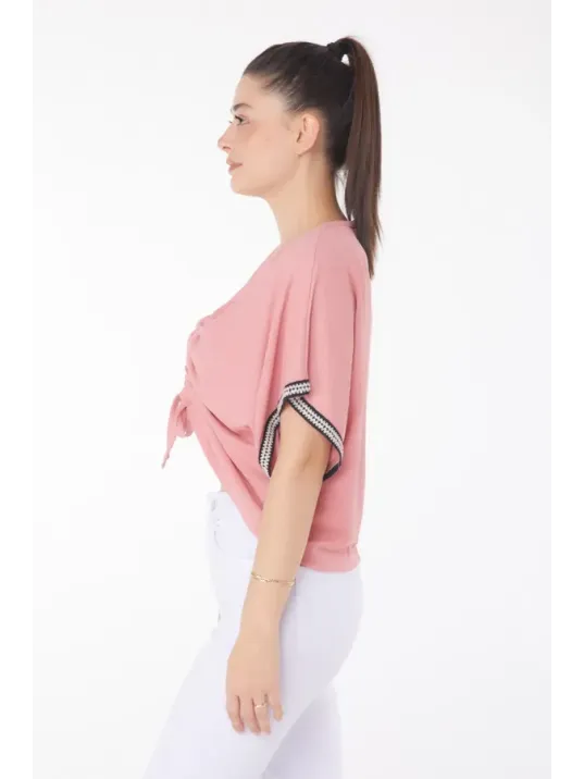 V Yaka Büzgülü Detaylı Bluz