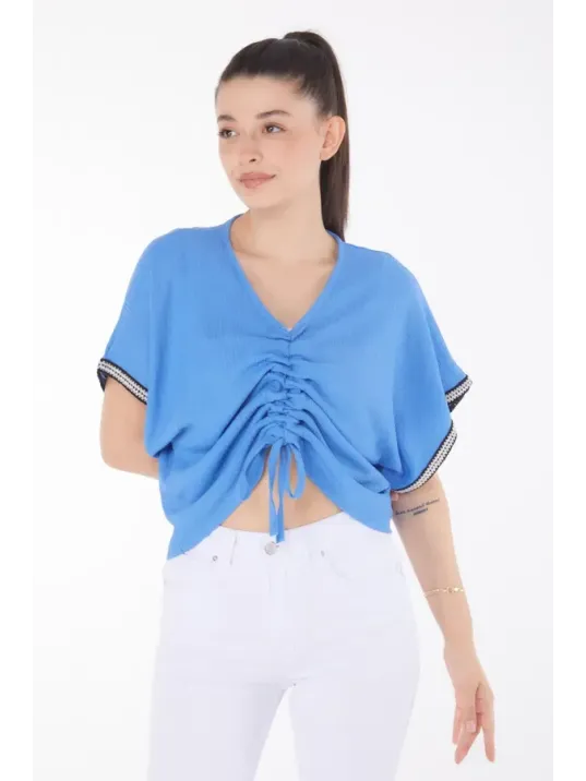 V Yaka Büzgülü Detaylı Bluz