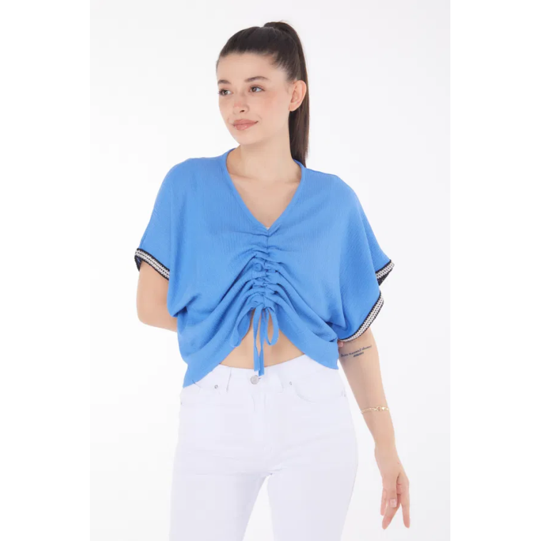 V yaka büzgülü detaylı bluz V yaka büzgülü detaylı bluz