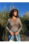 V Yaka Çizgili Bluz Bej A3699