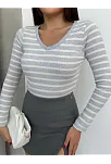 V Yaka Çizgili Bluz Gri A3699